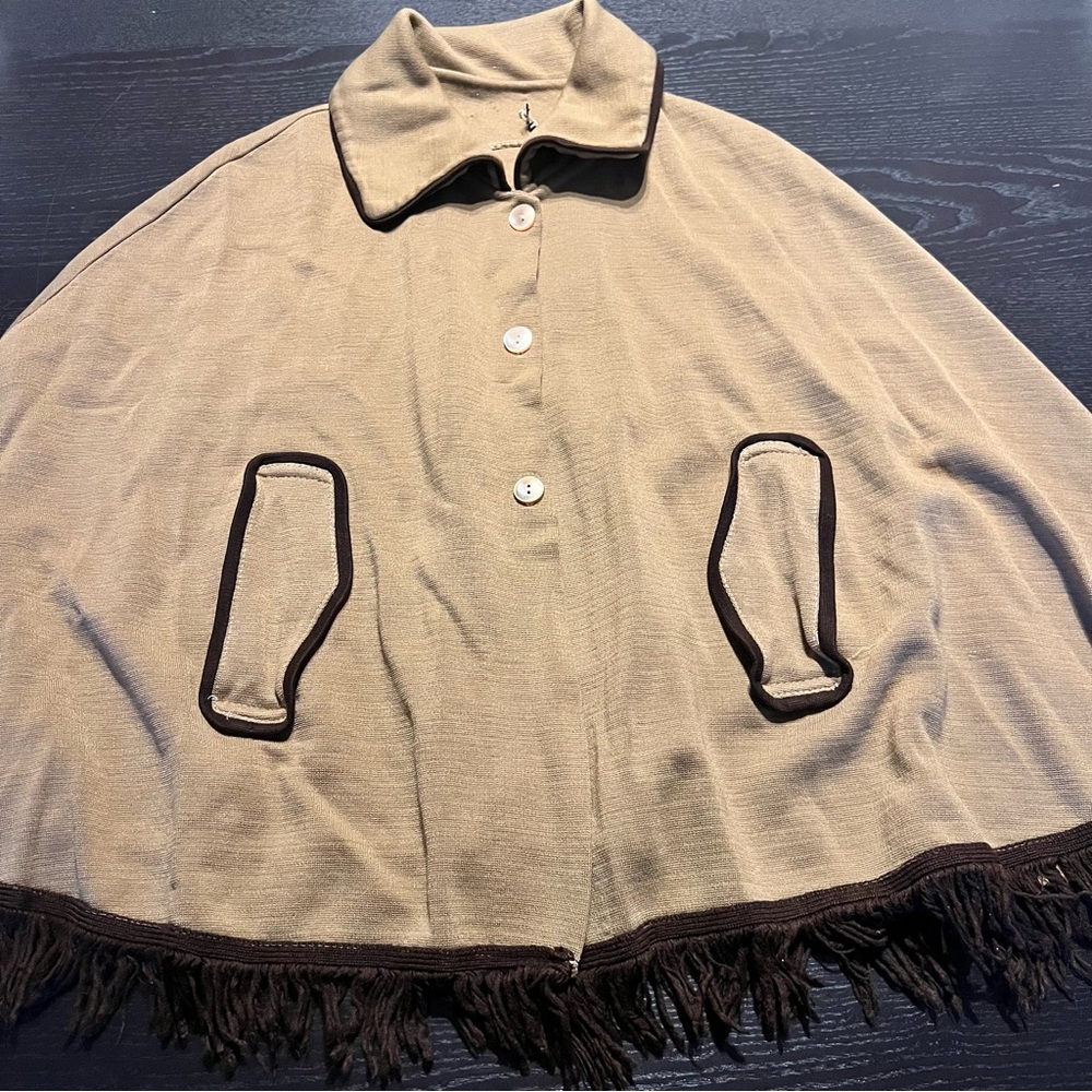 Vintage Beige Cape with Brown Trim